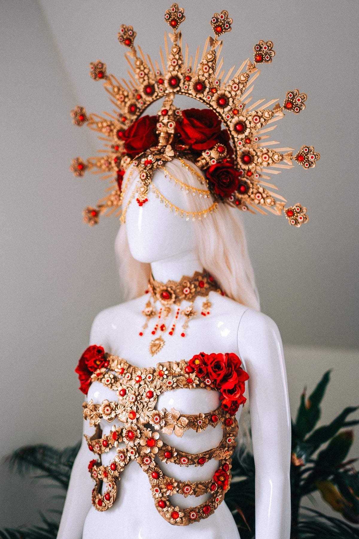 La Catrina Red Gold Ribs Sacred Heart Body Armor Gothic Costume Mexican Goddess Sculpture Piece