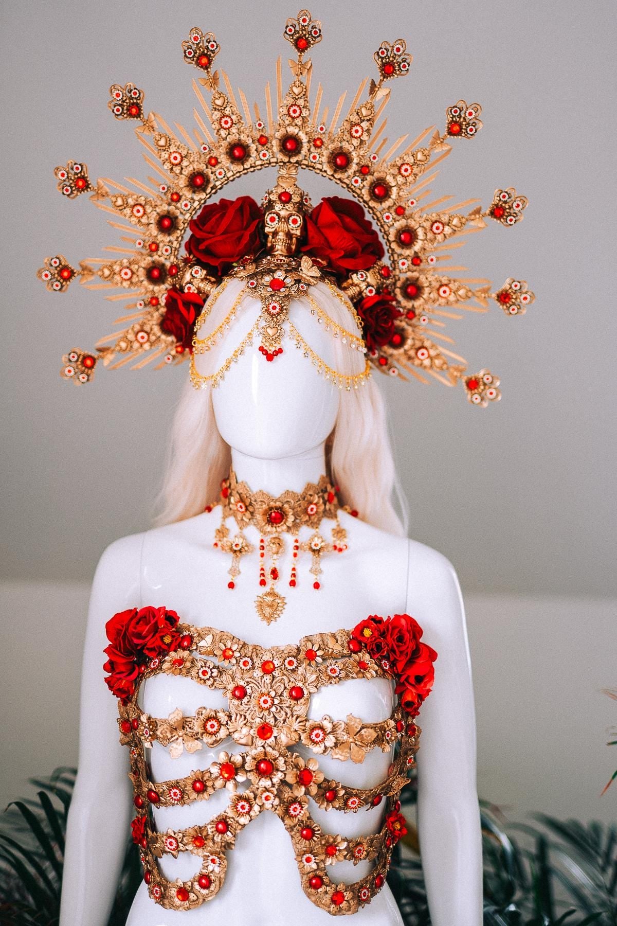 La Catrina Red Gold Ribs Sacred Heart Body Armor Gothic Costume Mexican Goddess Sculpture Piece