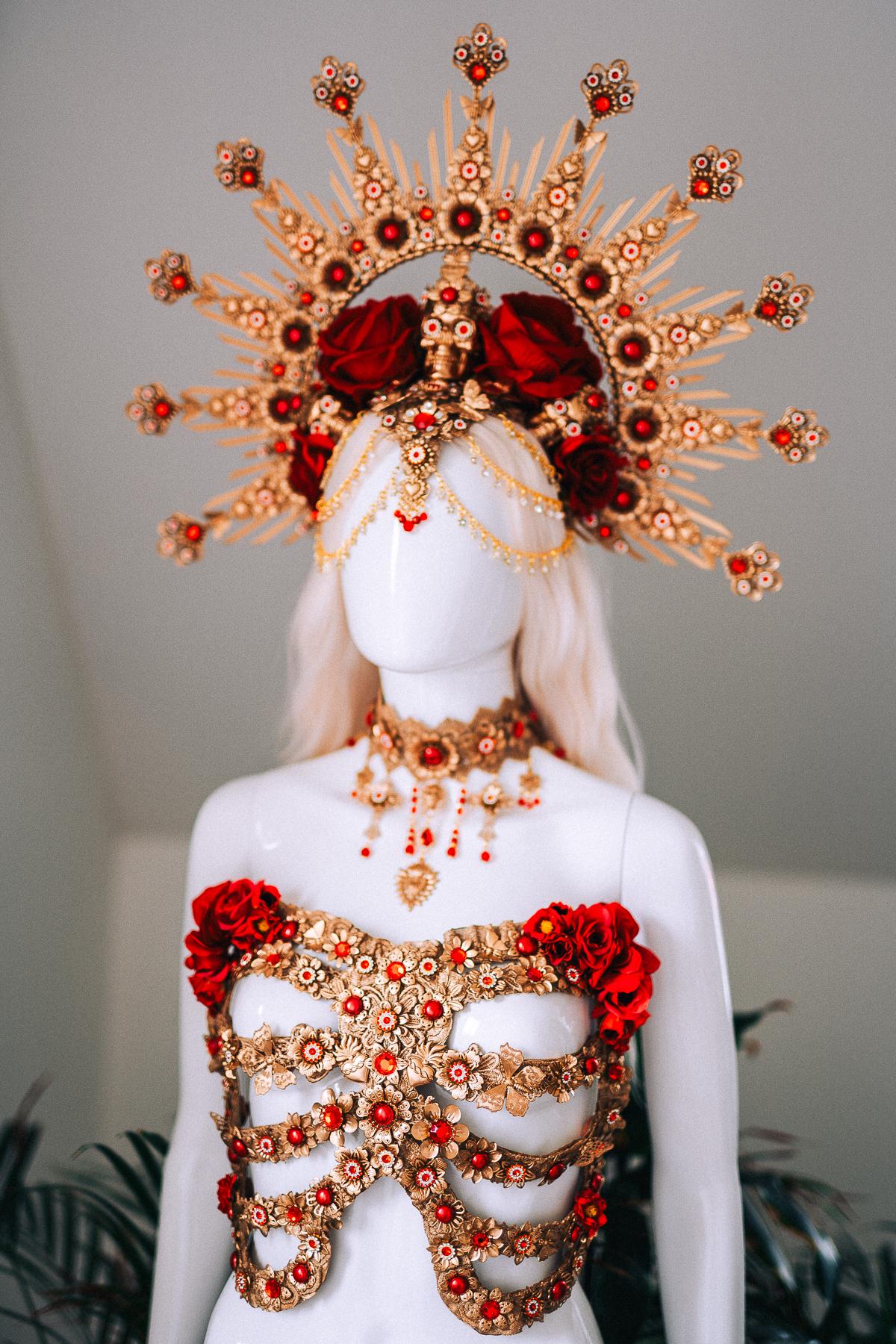 La Catrina Red Gold Ribs Sacred Heart Body Armor Gothic Costume Mexican Goddess Sculpture Piece