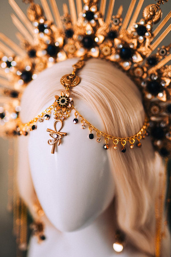 Cleopatra Gold Crown With Scarab Earrings Egyptian Headpiece With Black Crystals For Goddess Costume Festival Wedding Halloween