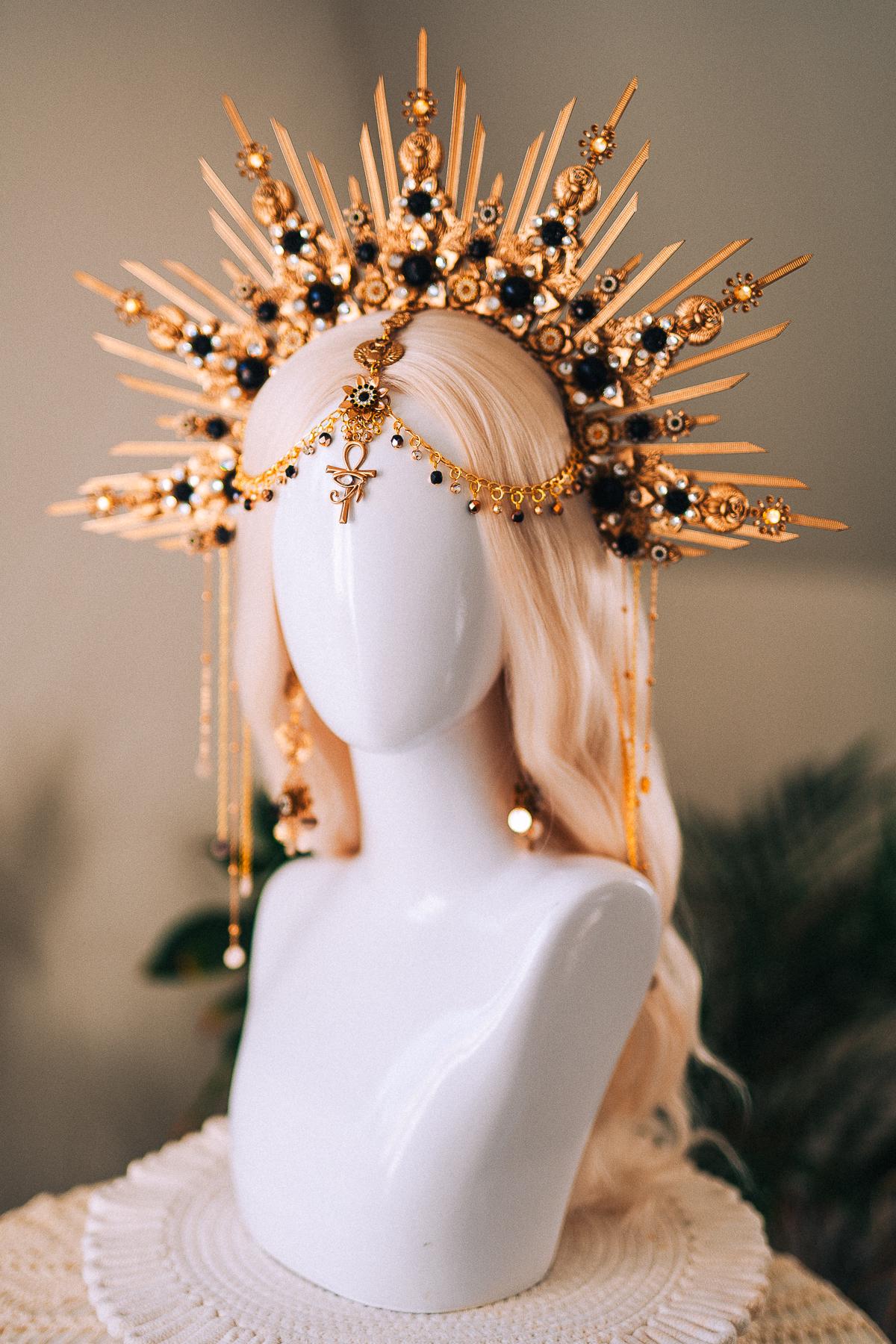 Cleopatra Gold Crown With Scarab Earrings Egyptian Headpiece With Black Crystals For Goddess Costume Festival Wedding Halloween