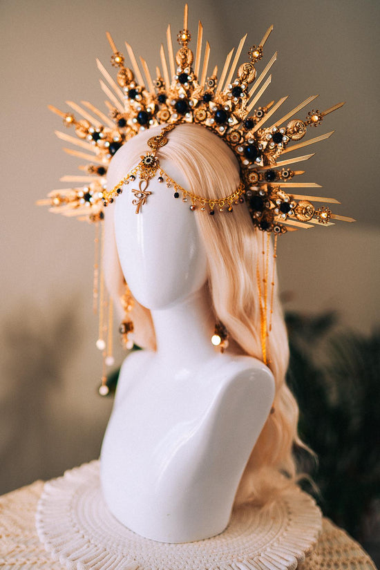 Cleopatra Gold Crown With Scarab Earrings Egyptian Headpiece With Black Crystals For Goddess Costume Festival Wedding Halloween