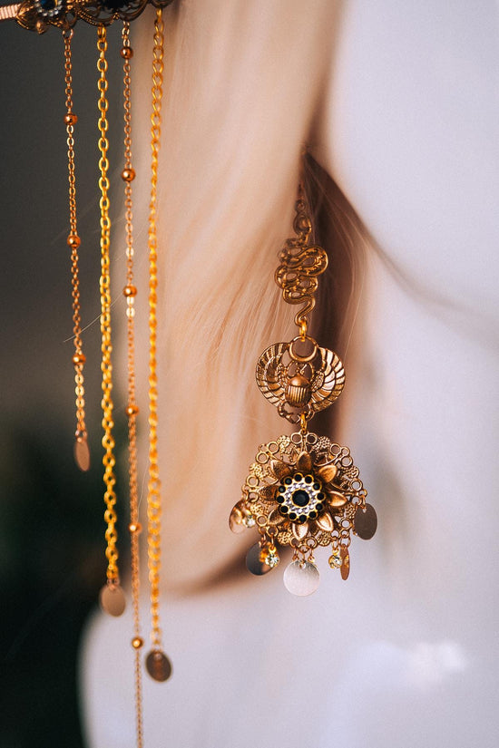 Cleopatra Earrings Gold Statement Jewelry Pearl Dangle Egyptian Queen Costume Festival Look Halloween Accessory Regal Style