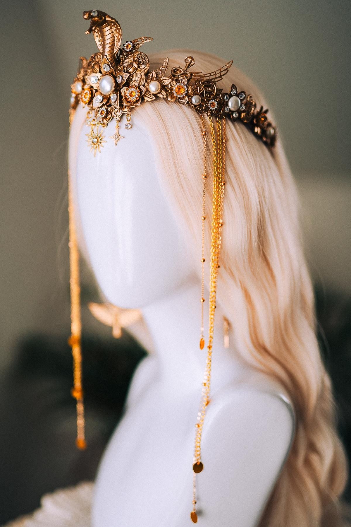 Cleopatra Gold Snake Crown Celestial Goddess Headpiece Wings Pearls Crystals Royal Serpent Tiara Festival Costume Jewelry Bride