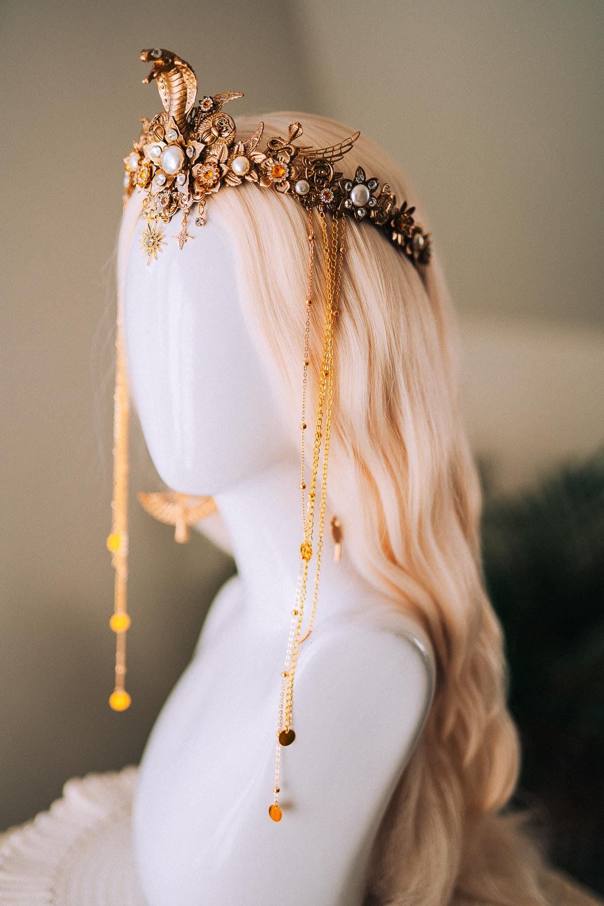 Cleopatra Gold Snake Crown Celestial Goddess Headpiece Wings Pearls Crystals Royal Serpent Tiara Festival Costume Jewelry Bride