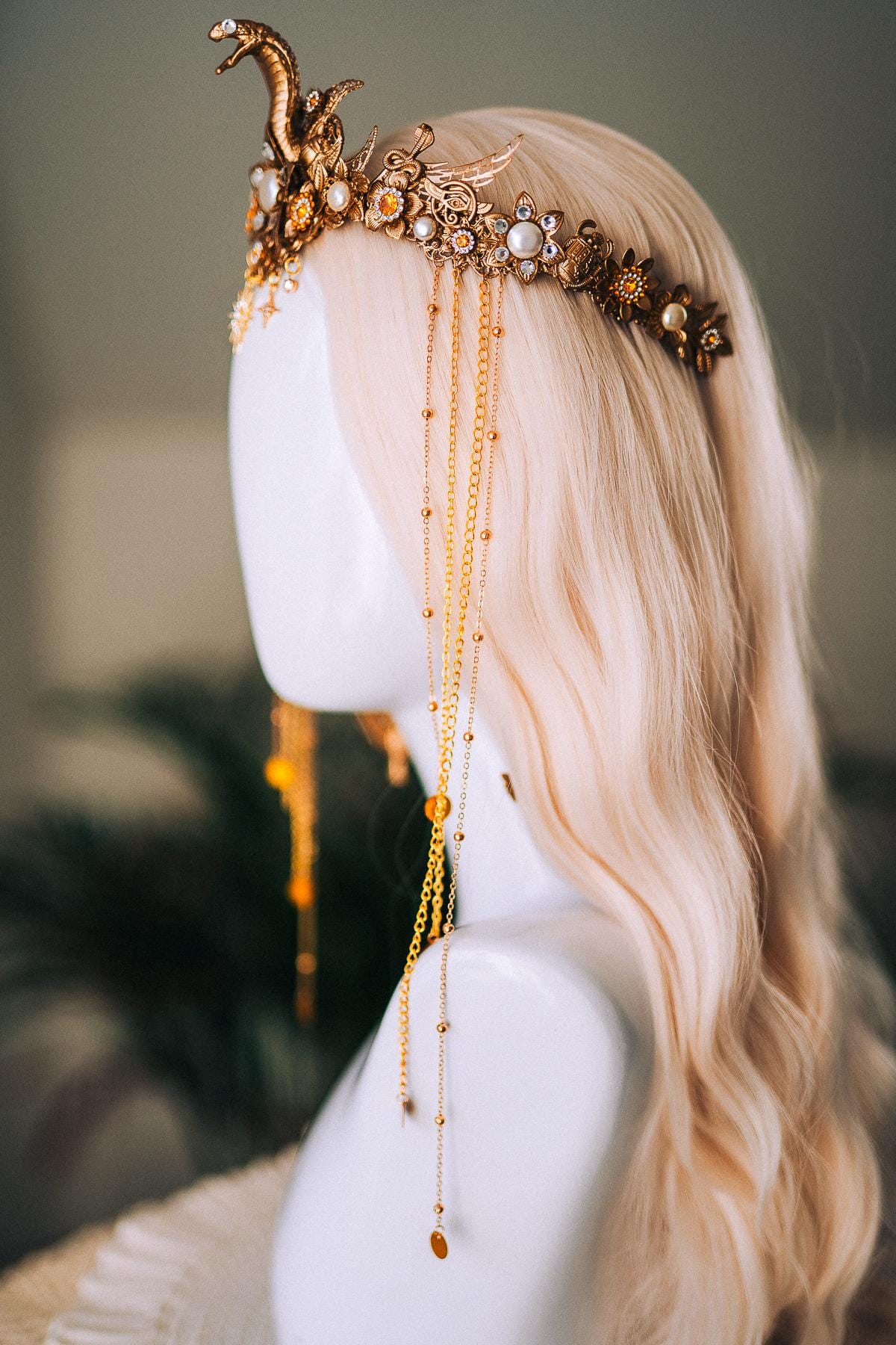 Cleopatra Gold Snake Crown Celestial Goddess Headpiece Wings Pearls Crystals Royal Serpent Tiara Festival Costume Jewelry Bride