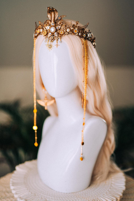 Cleopatra Gold Snake Crown Celestial Goddess Headpiece Wings Pearls Crystals Royal Serpent Tiara Festival Costume Jewelry Bride