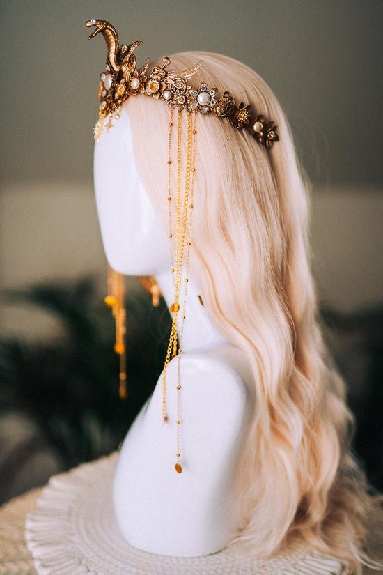 Cleopatra Gold Snake Crown Celestial Goddess Headpiece Wings Pearls Crystals Royal Serpent Tiara Festival Costume Jewelry Bride