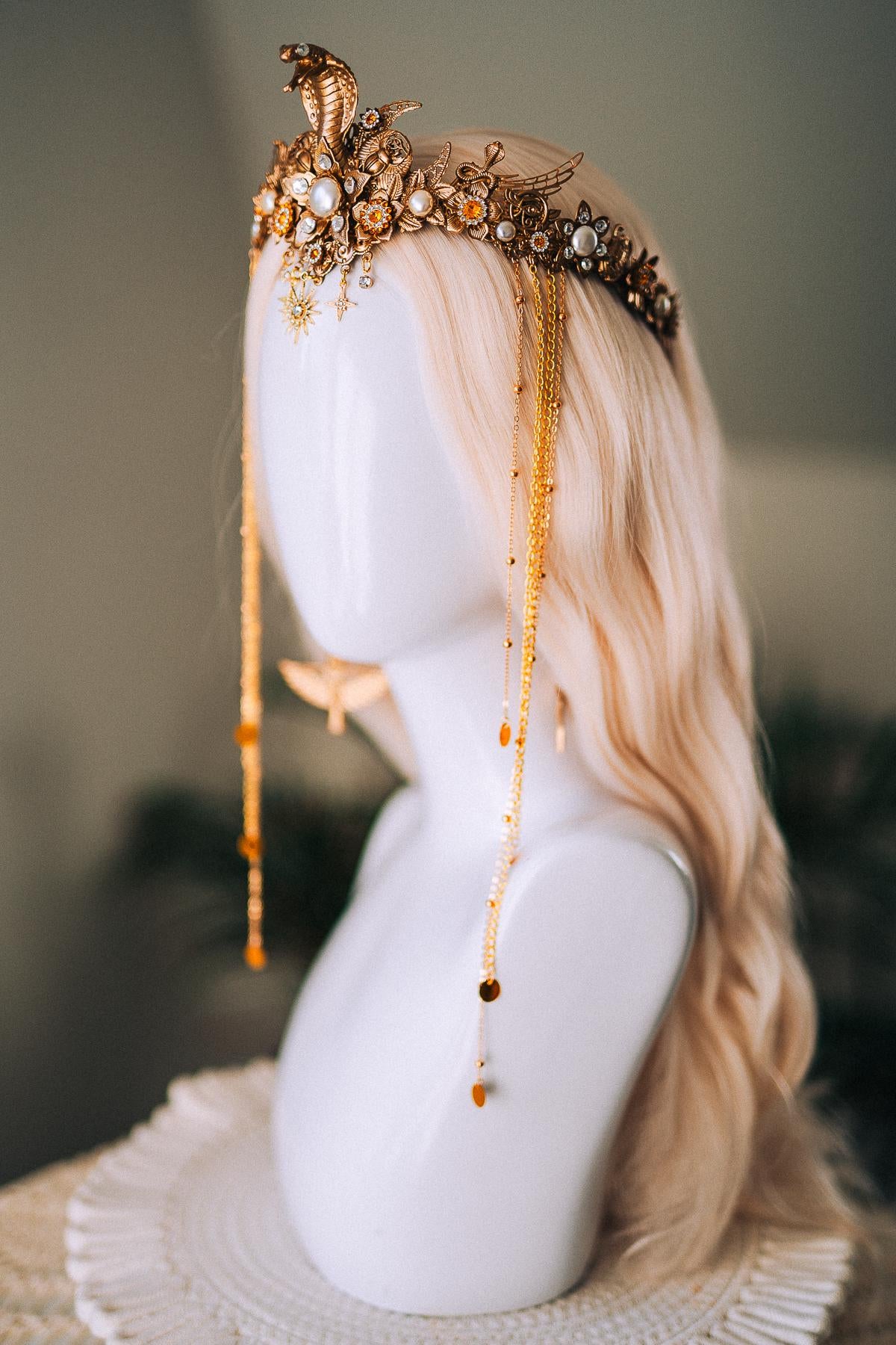 Cleopatra Gold Snake Crown Celestial Goddess Headpiece Wings Pearls Crystals Royal Serpent Tiara Festival Costume Jewelry Bride