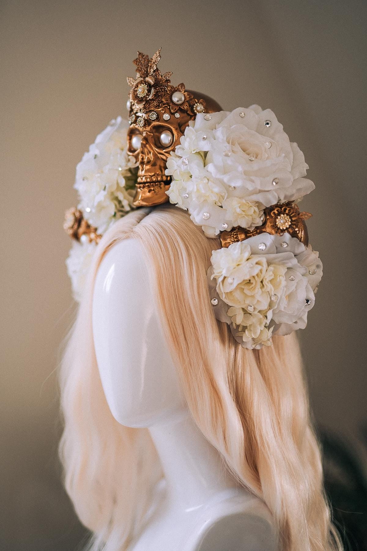 La Catrina White Gold Halo Crown Pearl Skull Headpiece Dia De Los Muertos Floral Goddess Crown