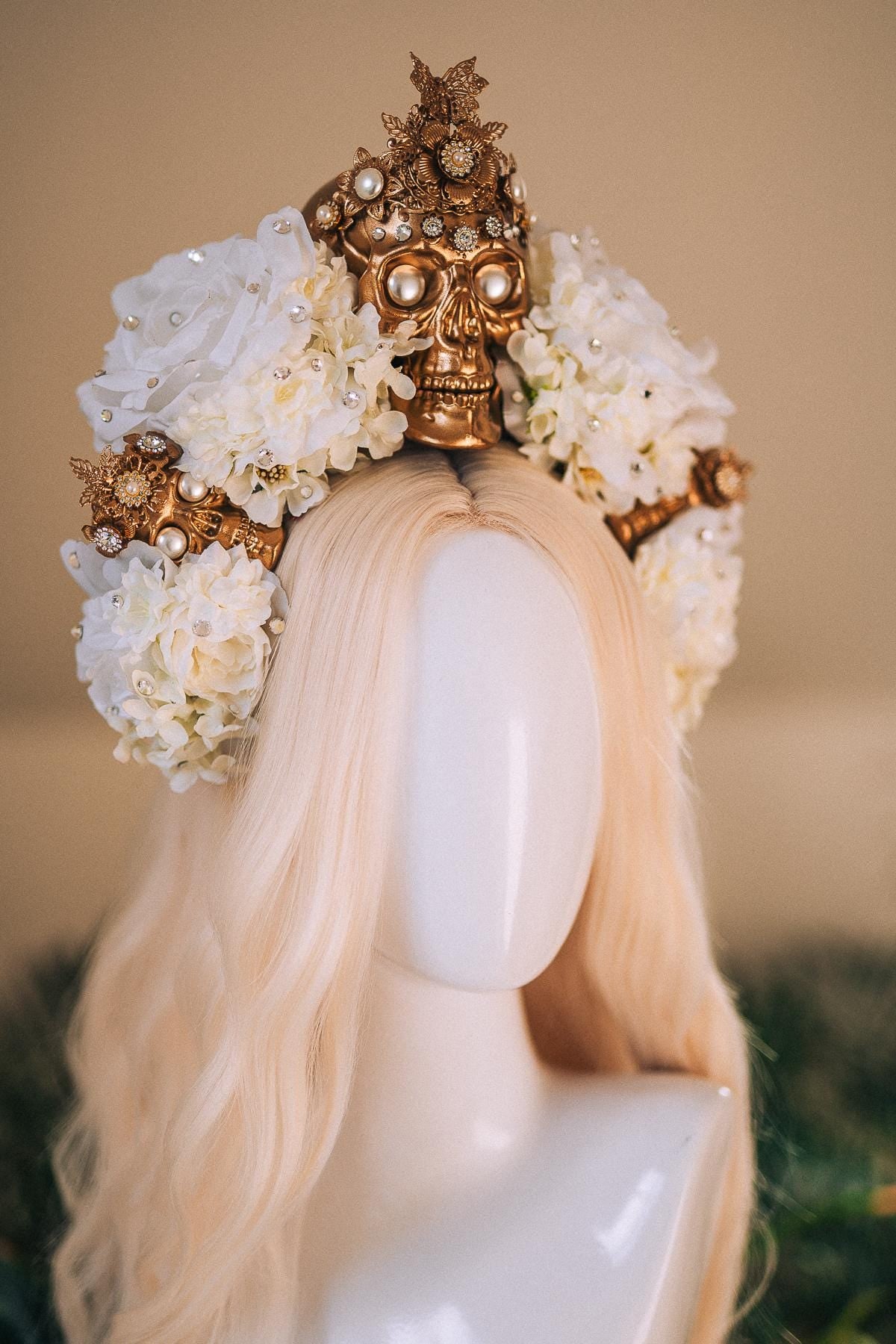 La Catrina White Gold Halo Crown Pearl Skull Headpiece Dia De Los Muertos Floral Goddess Crown
