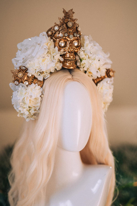 La Catrina White Gold Halo Crown Pearl Skull Headpiece Dia De Los Muertos Floral Goddess Crown