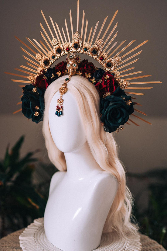 La Catrina Gold Emerald Halo Crown Red Roses Headpiece Dia De Los Muertos Floral Goddess Crown