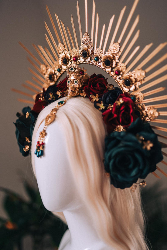 La Catrina Gold Emerald Halo Crown Red Roses Headpiece Dia De Los Muertos Floral Goddess Crown