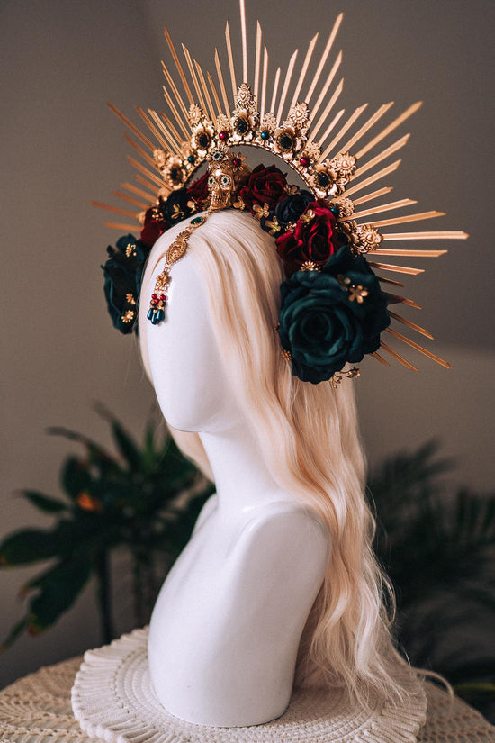 La Catrina Gold Emerald Halo Crown Red Roses Headpiece Dia De Los Muertos Floral Goddess Crown
