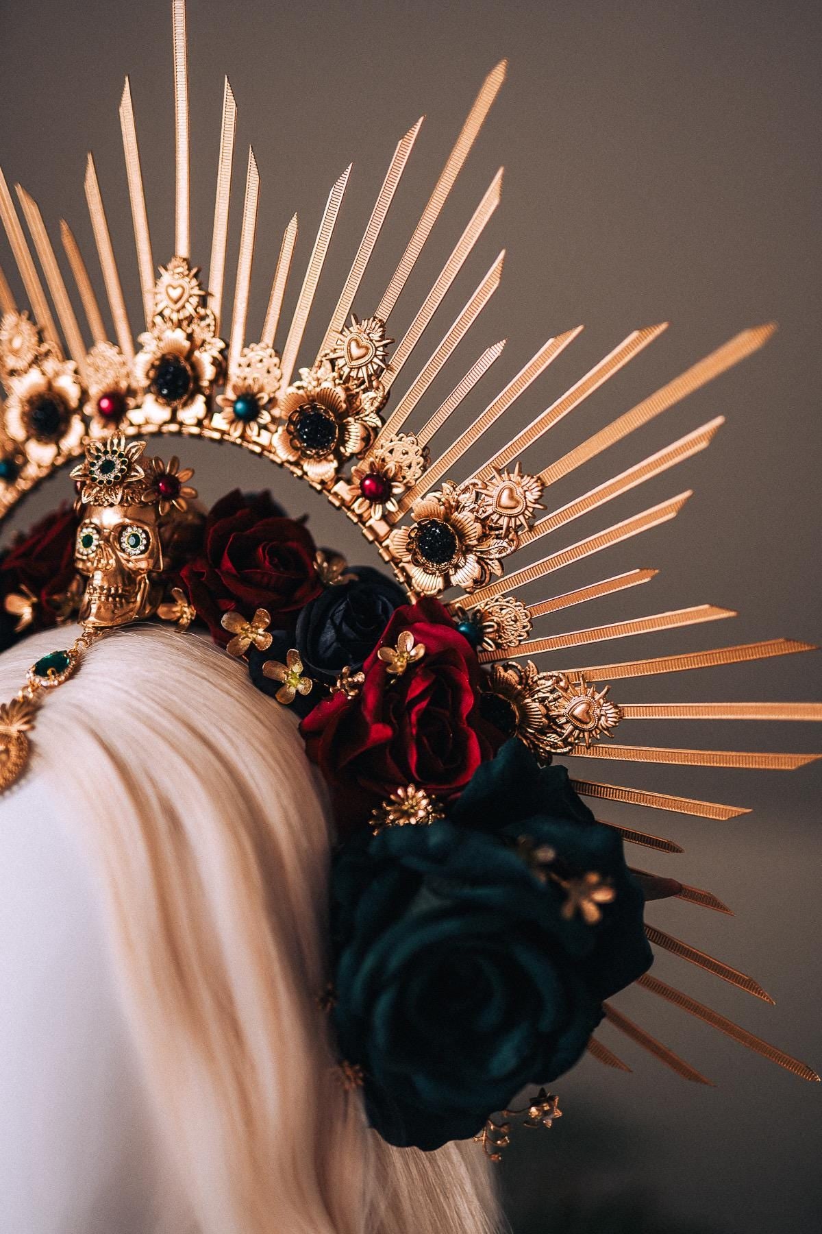 La Catrina Gold Emerald Halo Crown Red Roses Headpiece Dia De Los Muertos Floral Goddess Crown