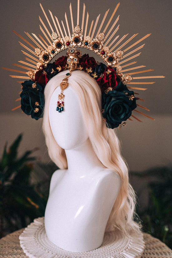 La Catrina Gold Emerald Halo Crown Red Roses Headpiece Dia De Los Muertos Floral Goddess Crown