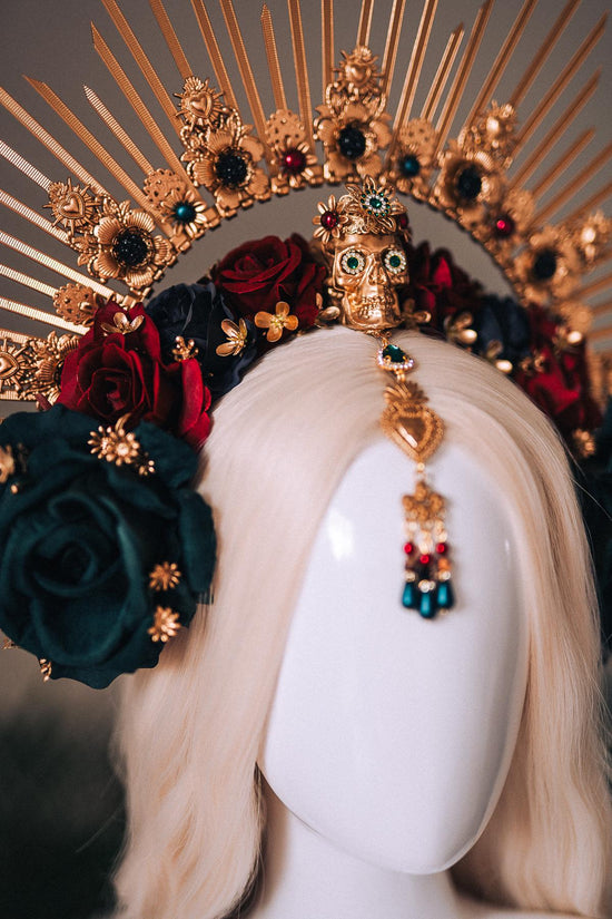 La Catrina Gold Emerald Halo Crown Red Roses Headpiece Dia De Los Muertos Floral Goddess Crown