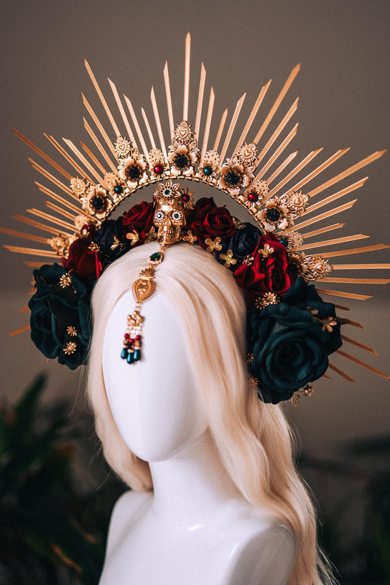 La Catrina Gold Emerald Halo Crown Red Roses Headpiece Dia De Los Muertos Floral Goddess Crown