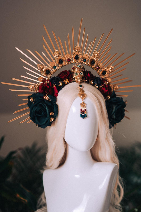 La Catrina Gold Emerald Halo Crown Red Roses Headpiece Dia De Los Muertos Floral Goddess Crown