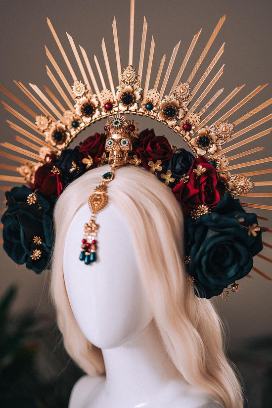 La Catrina Gold Emerald Halo Crown Red Roses Headpiece Dia De Los Muertos Floral Goddess Crown