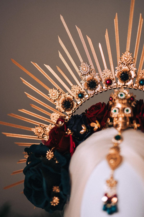 La Catrina Gold Emerald Halo Crown Red Roses Headpiece Dia De Los Muertos Floral Goddess Crown