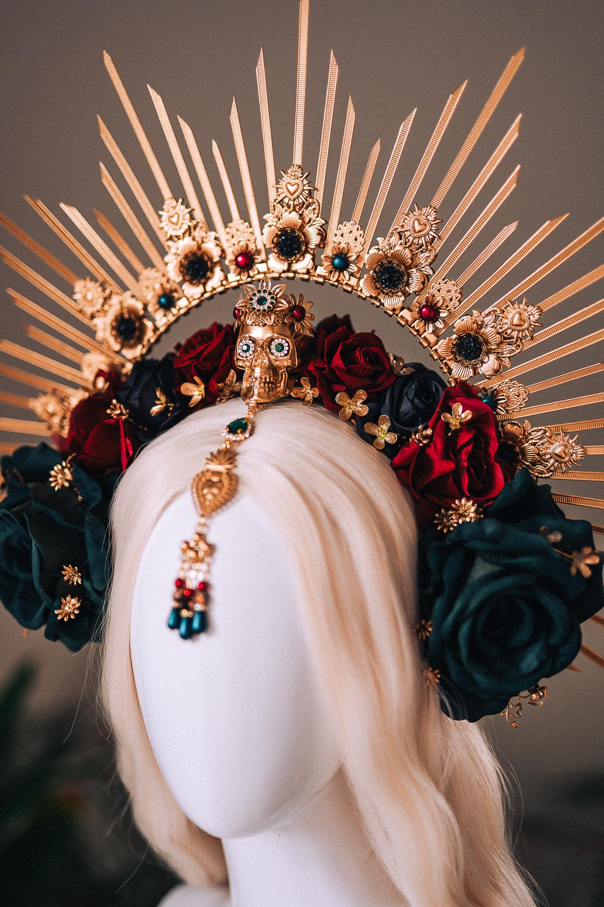 La Catrina Gold Emerald Halo Crown Red Roses Headpiece Dia De Los Muertos Floral Goddess Crown