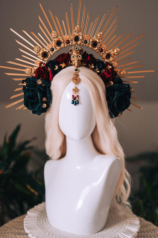 La Catrina Gold Emerald Halo Crown Red Roses Headpiece Dia De Los Muertos Floral Goddess Crown