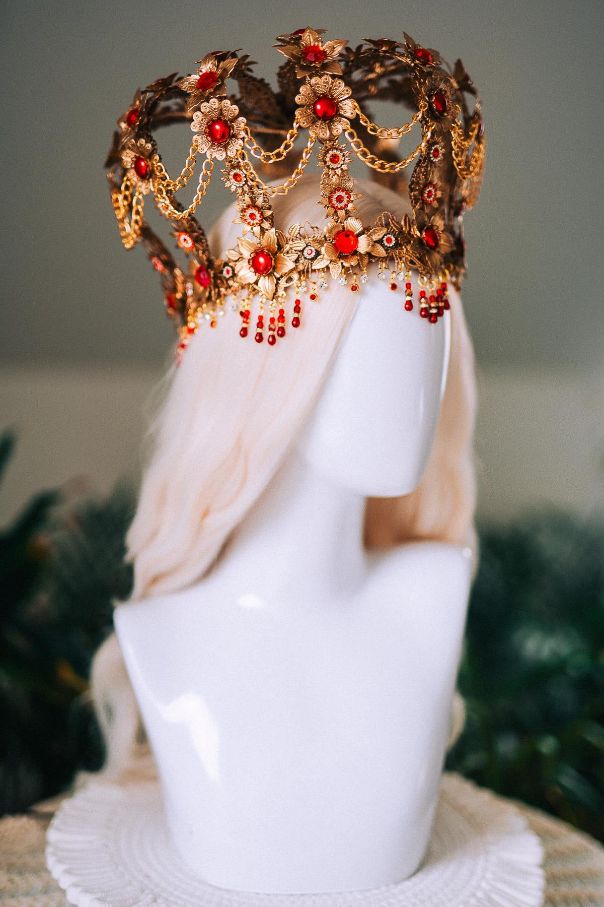 Royal Gold Baroque Crown Red Gem Queen Headpiece Regal Filigree Chain Drape Beaded Fringe Floral Tiara Statement Headdress