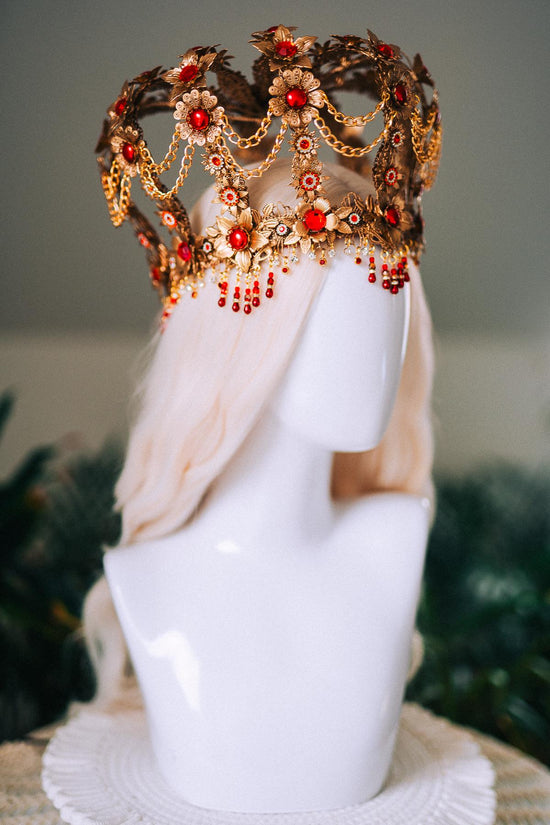 Royal Gold Baroque Crown Red Gem Queen Headpiece Regal Filigree Chain Drape Beaded Fringe Floral Tiara Statement Headdress