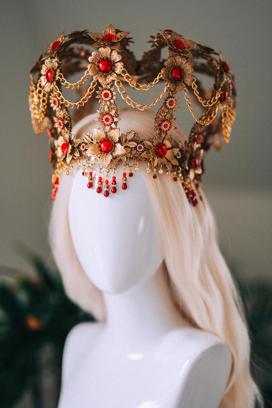 Royal Gold Baroque Crown Red Gem Queen Headpiece Regal Filigree Chain Drape Beaded Fringe Floral Tiara Statement Headdress