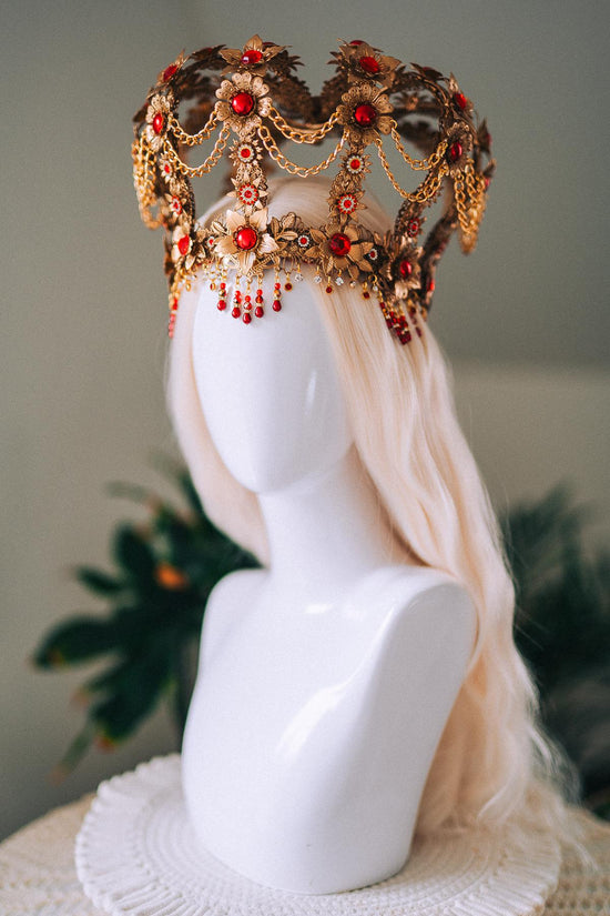 Royal Gold Baroque Crown Red Gem Queen Headpiece Regal Filigree Chain Drape Beaded Fringe Floral Tiara Statement Headdress