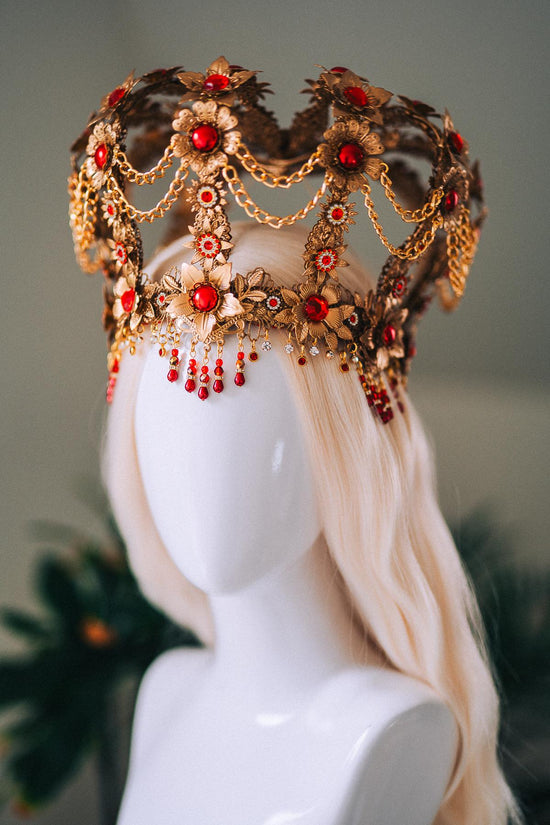 Royal Gold Baroque Crown Red Gem Queen Headpiece Regal Filigree Chain Drape Beaded Fringe Floral Tiara Statement Headdress