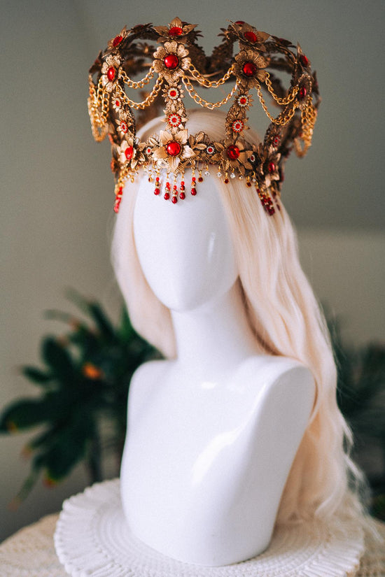 Royal Gold Baroque Crown Red Gem Queen Headpiece Regal Filigree Chain Drape Beaded Fringe Floral Tiara Statement Headdress
