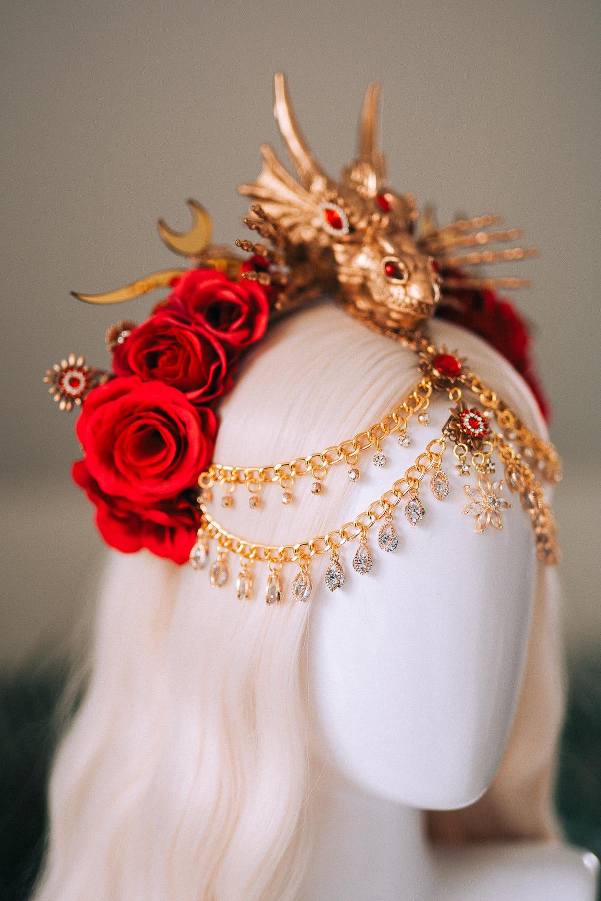 Dragon Queen Crown, Game Of Thrones Tiara, Gold Dragon Headpiece, Red Rose Crown, Daenerys Costume, Fantasy Queen Tiara, Halloween Headdress