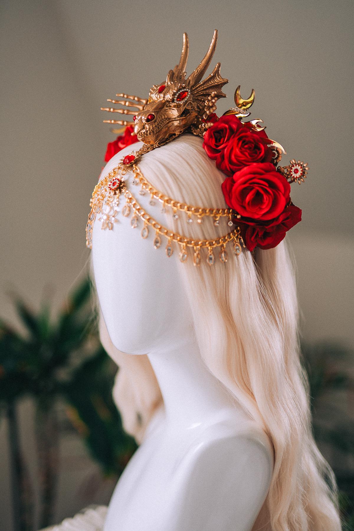 Dragon Queen Crown, Game Of Thrones Tiara, Gold Dragon Headpiece, Red Rose Crown, Daenerys Costume, Fantasy Queen Tiara, Halloween Headdress