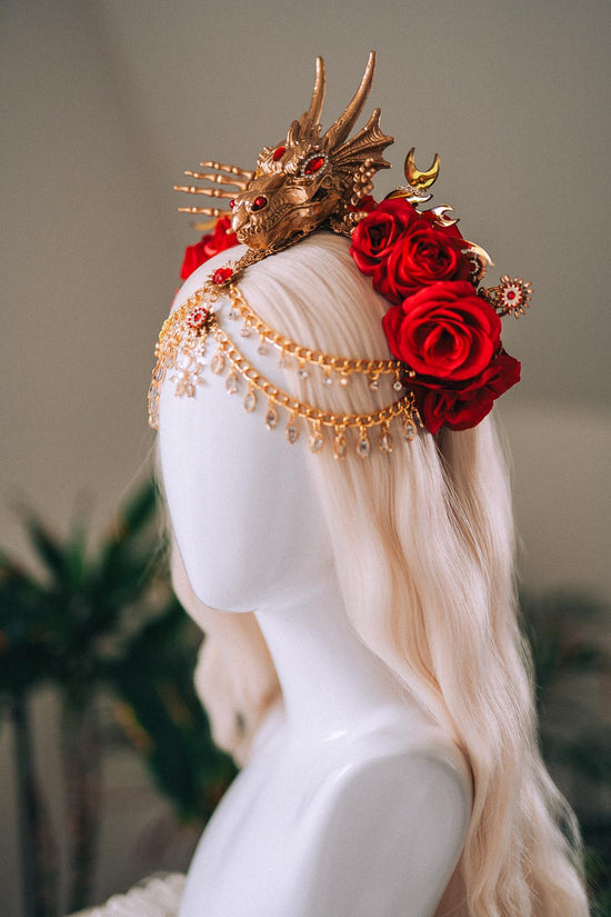 Dragon Queen Crown, Game Of Thrones Tiara, Gold Dragon Headpiece, Red Rose Crown, Daenerys Costume, Fantasy Queen Tiara, Halloween Headdress