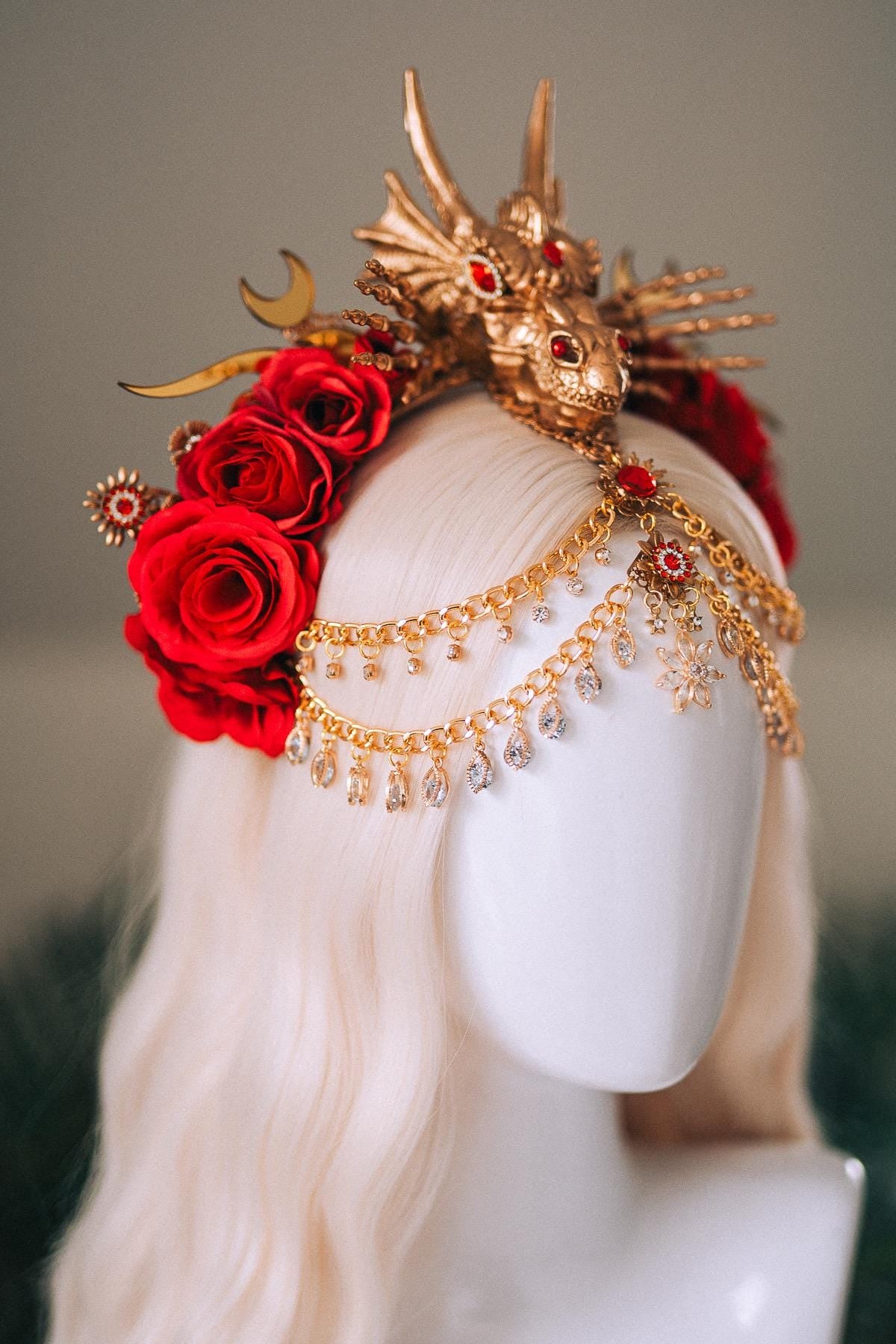 Dragon Queen Crown, Game Of Thrones Tiara, Gold Dragon Headpiece, Red Rose Crown, Daenerys Costume, Fantasy Queen Tiara, Halloween Headdress