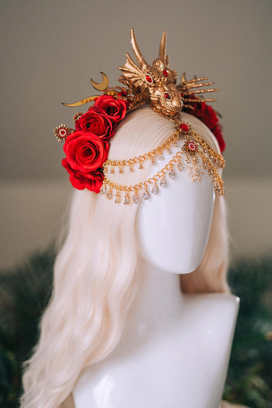 Dragon Queen Crown, Game Of Thrones Tiara, Gold Dragon Headpiece, Red Rose Crown, Daenerys Costume, Fantasy Queen Tiara, Halloween Headdress