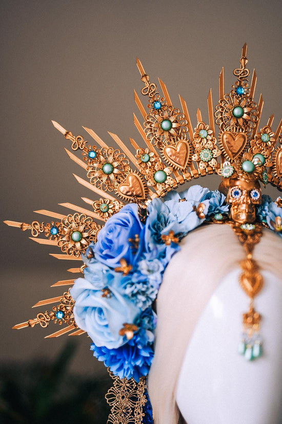 La Catrina Blue Gold Halo Crown Turquoise Gem Floral Headpiece Sacred Heart Skull Goddess Tiara Dia De Los Muertos Crown