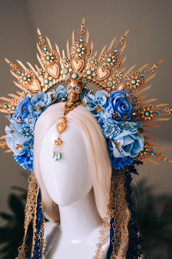 La Catrina Blue Gold Halo Crown Turquoise Gem Floral Headpiece Sacred Heart Skull Goddess Tiara Dia De Los Muertos Crown