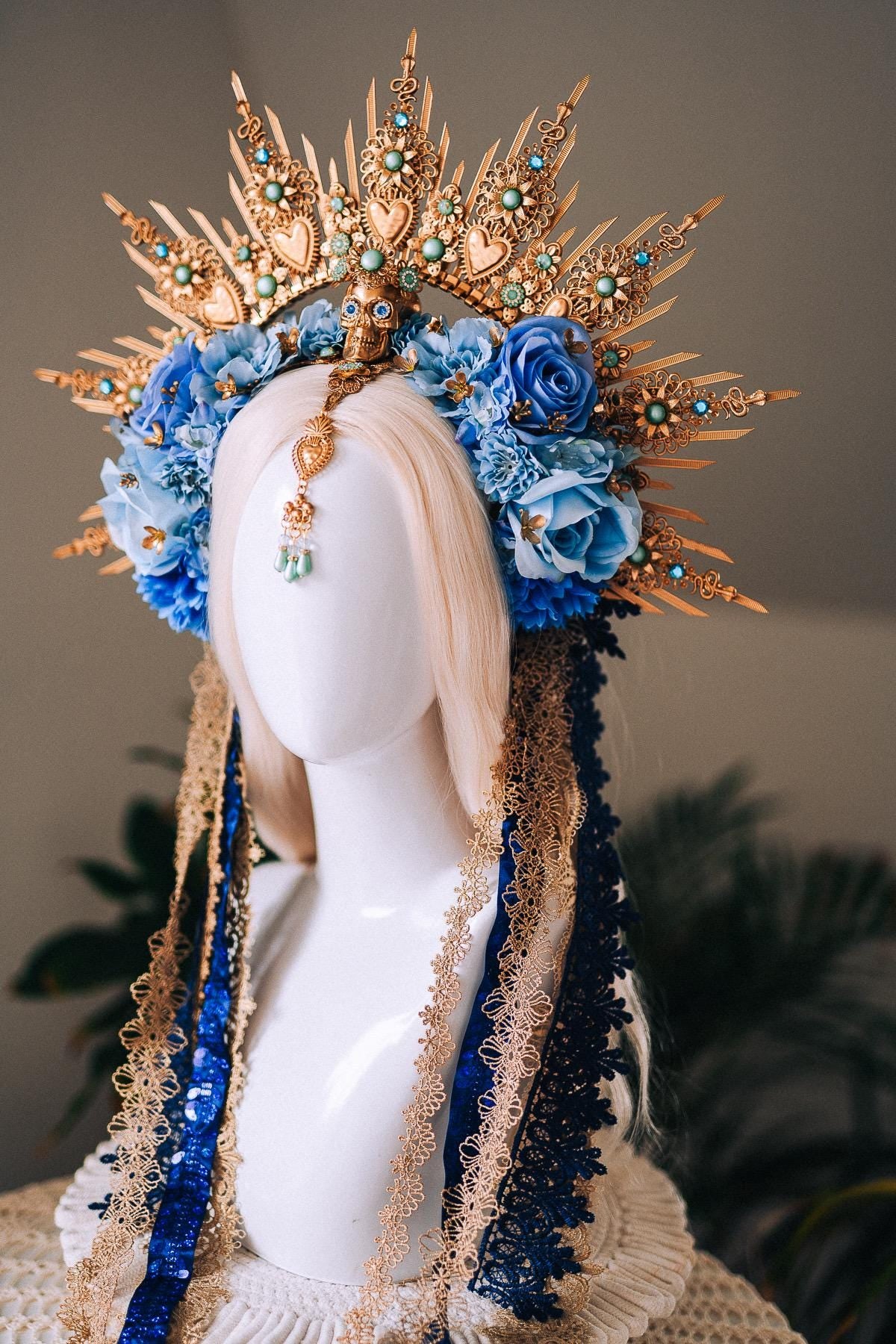 La Catrina Blue Gold Halo Crown Turquoise Gem Floral Headpiece Sacred Heart Skull Goddess Tiara Dia De Los Muertos Crown