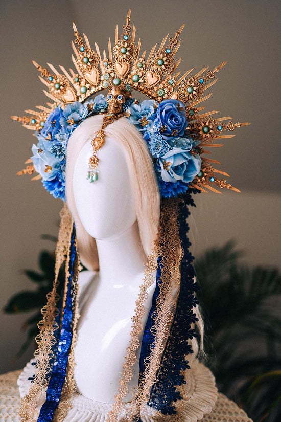 La Catrina Blue Gold Halo Crown Turquoise Gem Floral Headpiece Sacred Heart Skull Goddess Tiara Dia De Los Muertos Crown