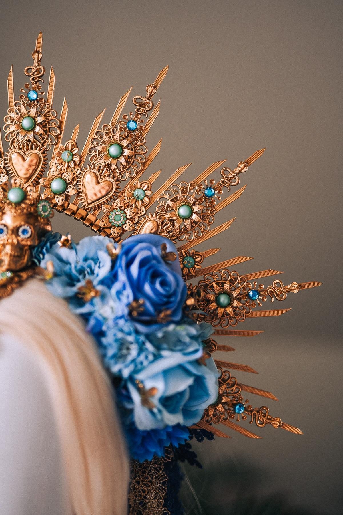 La Catrina Blue Gold Halo Crown Turquoise Gem Floral Headpiece Sacred Heart Skull Goddess Tiara Dia De Los Muertos Crown