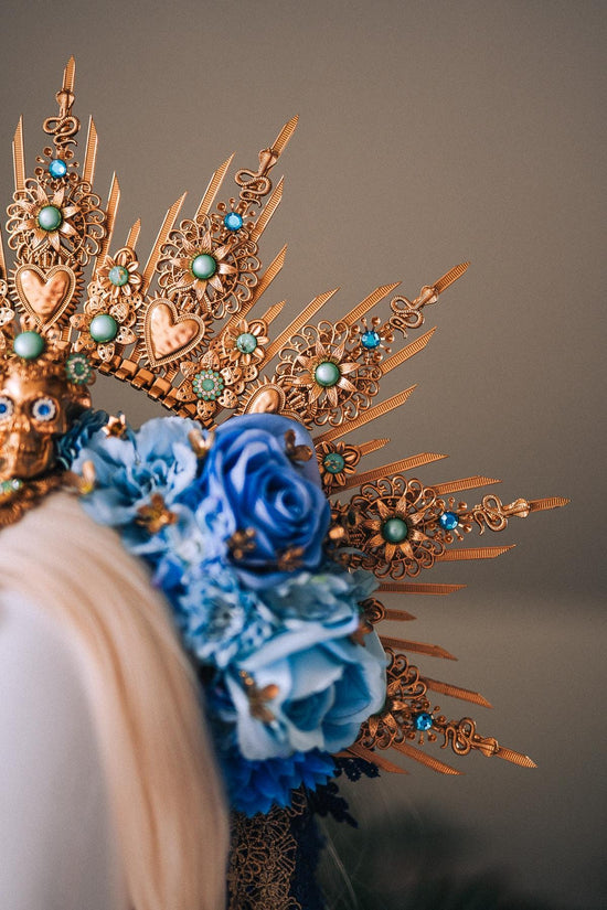 La Catrina Blue Gold Halo Crown Turquoise Gem Floral Headpiece Sacred Heart Skull Goddess Tiara Dia De Los Muertos Crown