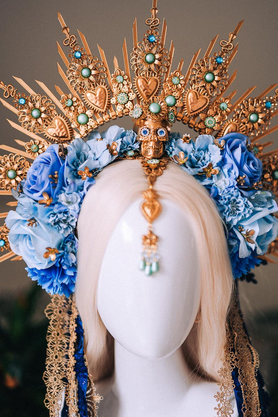 La Catrina Blue Gold Halo Crown Turquoise Gem Floral Headpiece Sacred Heart Skull Goddess Tiara Dia De Los Muertos Crown