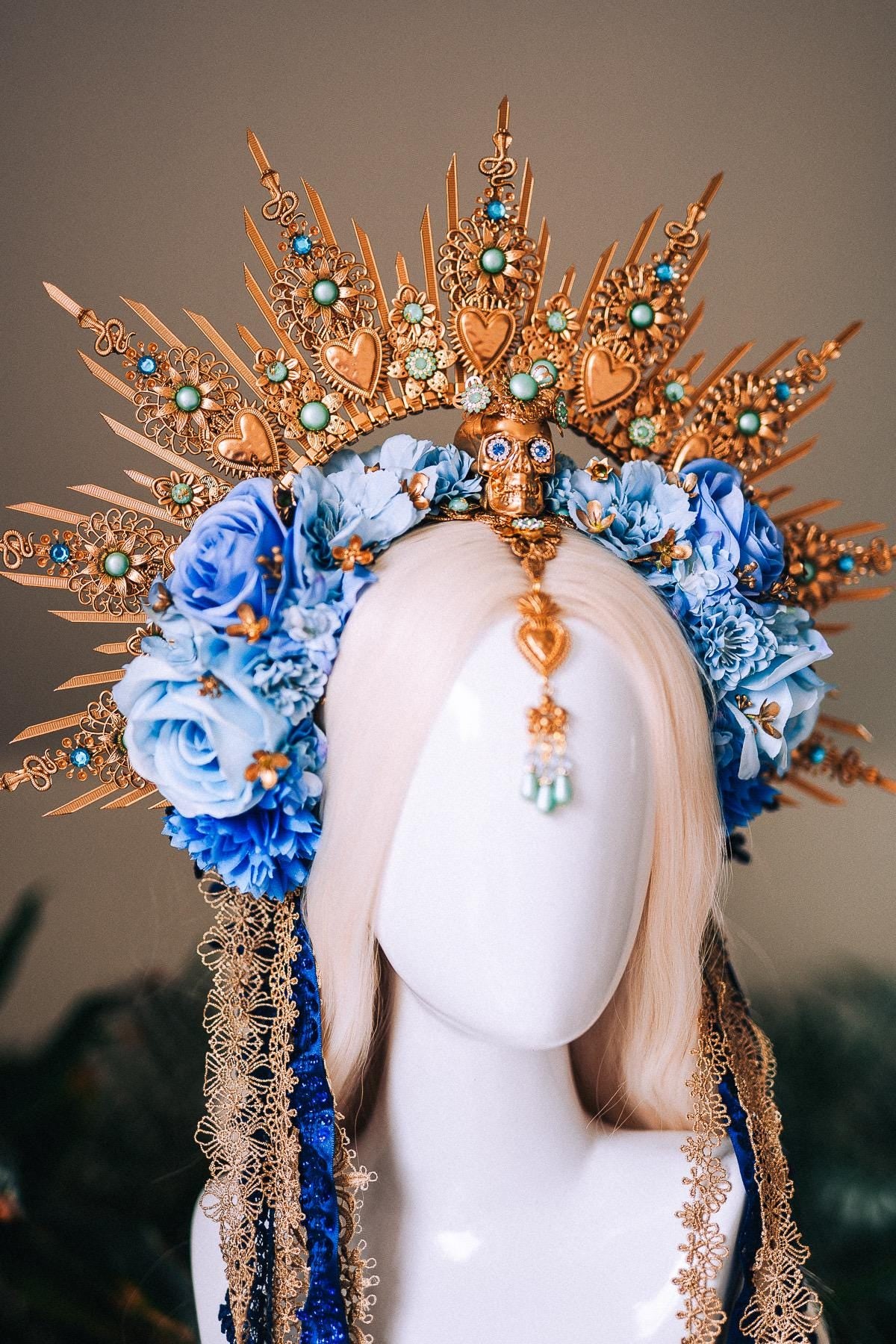 La Catrina Blue Gold Halo Crown Turquoise Gem Floral Headpiece Sacred Heart Skull Goddess Tiara Dia De Los Muertos Crown