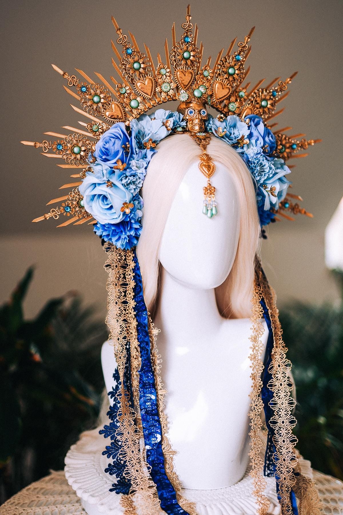 La Catrina Blue Gold Halo Crown Turquoise Gem Floral Headpiece Sacred Heart Skull Goddess Tiara Dia De Los Muertos Crown