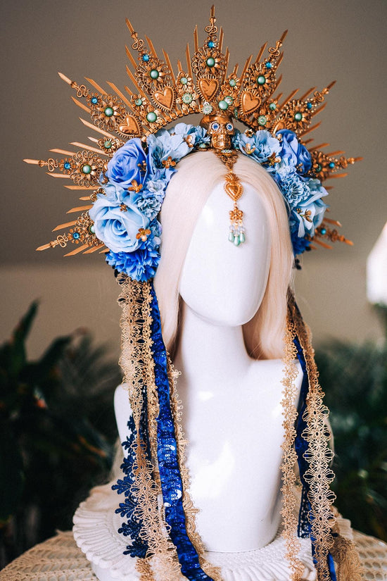 La Catrina Blue Gold Halo Crown Turquoise Gem Floral Headpiece Sacred Heart Skull Goddess Tiara Dia De Los Muertos Crown