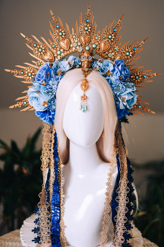 La Catrina Blue Gold Halo Crown Turquoise Gem Floral Headpiece Sacred Heart Skull Goddess Tiara Dia De Los Muertos Crown